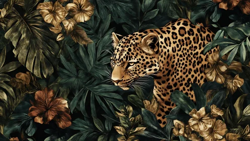 Golden leopard hidden in lush twilight jungle blooms.