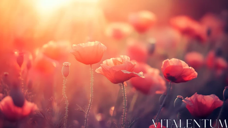 Red Poppies Backlit by Golden Sunlight in Soft Focus Field.