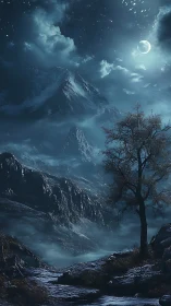 Nocturnal alpine ravine rendered in luminous monochrome blue