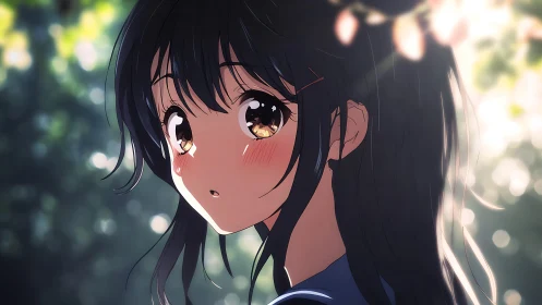 Side profile of anime girl under diffuse forest lighting