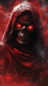 Hooded fiery skull emerges from red smoke with blazing gaze