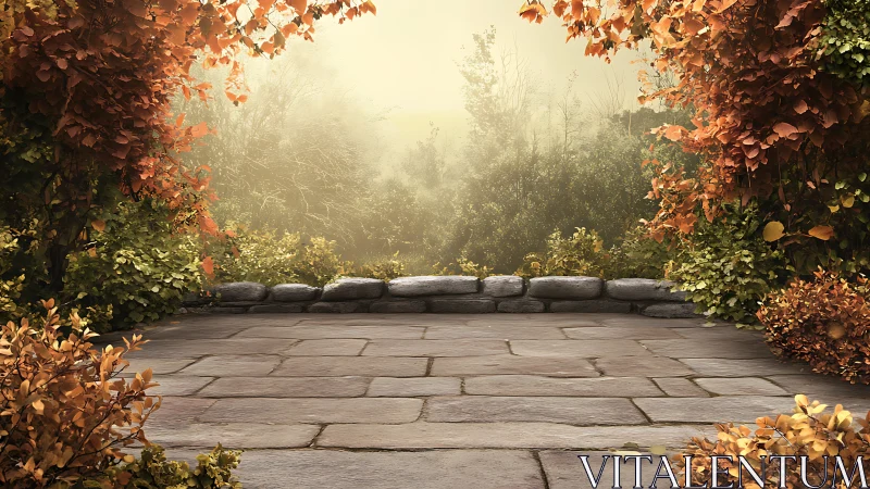 Stone terrace opens onto misty forest with autumn foliage