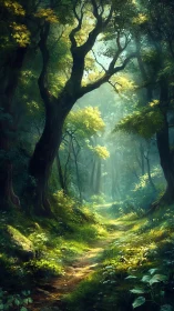 Enchanted Forest Pathway Through Ancient Trees.
