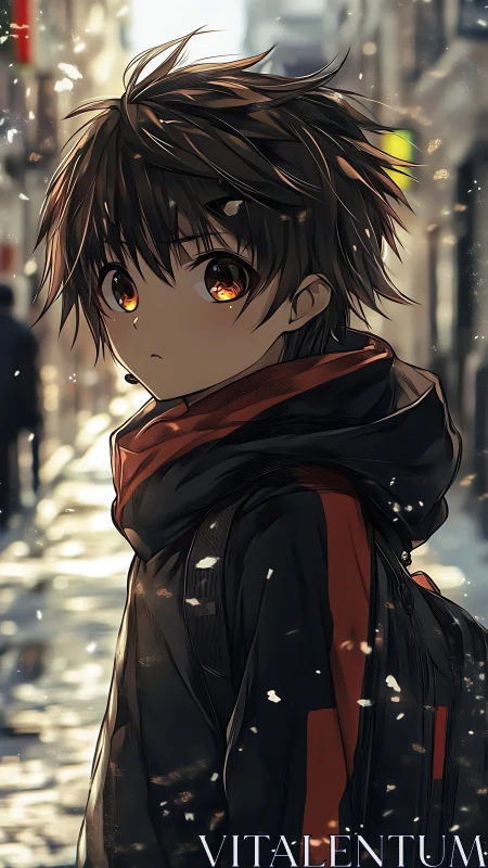 Young figure stands in winter street with backlit particles