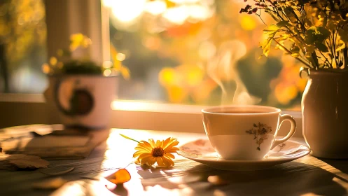 Photorealistic autumn still life with steaming teacup by window.