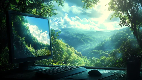 Calm workspace opening onto a glowing, sunlit forest valley.