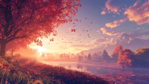 Autumn river dreaming beneath cotton candy mountains.