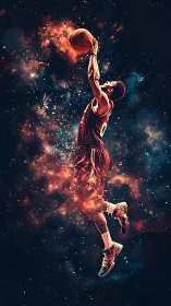 Stellar basketball leap dissolving into cosmic nebulae.