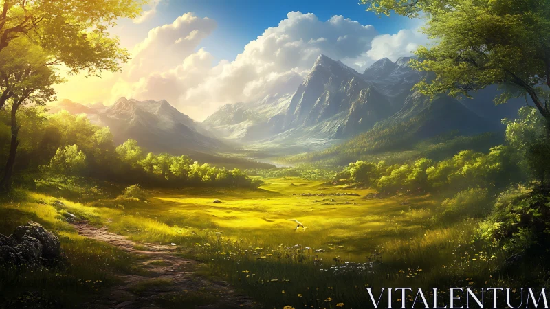 Sunlit valley opens gently beneath towering misty peaks