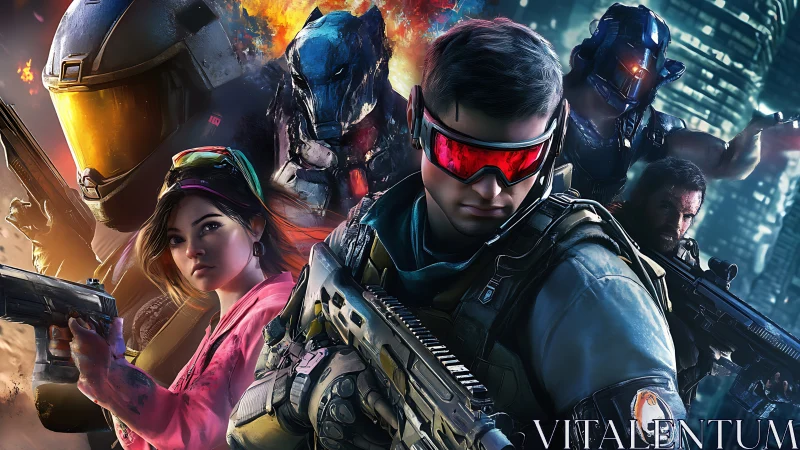 Tactical cyber-ops strike team in neon urban combat convergence.