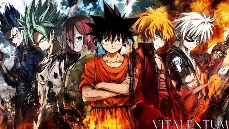 Group of intense anime fighters in fiery battle stance.
