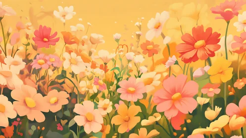 Colorful Wildflower Field Under Golden Sky.