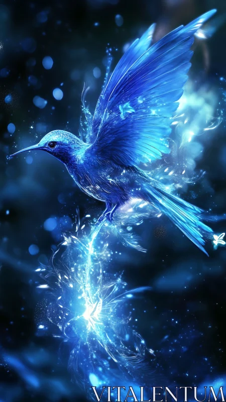 Luminous blue spirit bird glides through swirling starlit glow