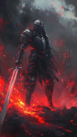 Heavily armored dark knight standing in flowing volcanic lava