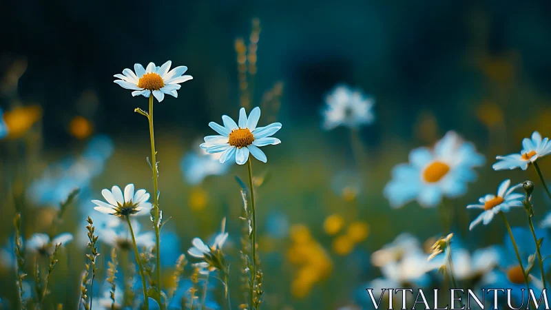 White daisies blooming against blurred teal meadow backdrop.