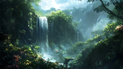 Cascading Waterfalls Through Luminous Misty Canyon with Dense Verdant Foliage