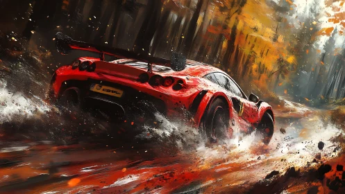 Red sports car on wet forest track in autumn conditions.