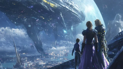 Starlit heroes behold colossal orbiting citadel over city.