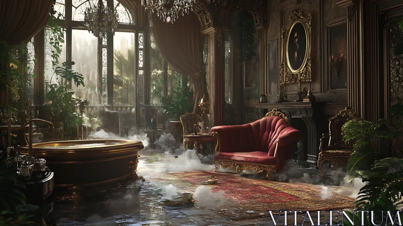 Opulent steampunk conservatory lounge with misty bath.