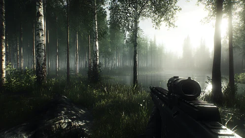 Tactical Forest Ambush: Rendered First-Person Gameplay Environment.