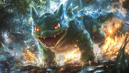 Powerful reptilian creature charging through fire and smoke.