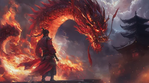 Flaming dragon confrontation in dynamic fantasy digital painting.