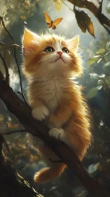 Ginger longhair kitten on tree branch observing monarch butterfly