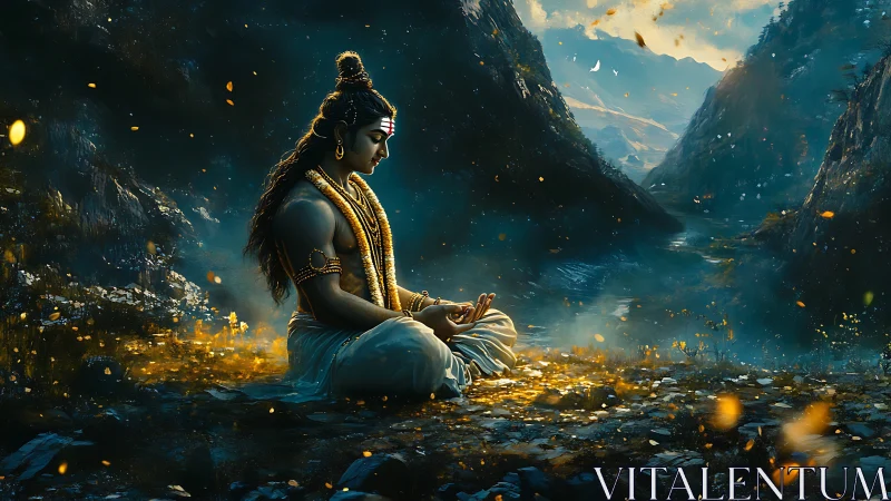 Mountain valley mystic in golden, ember-lit meditation glow.