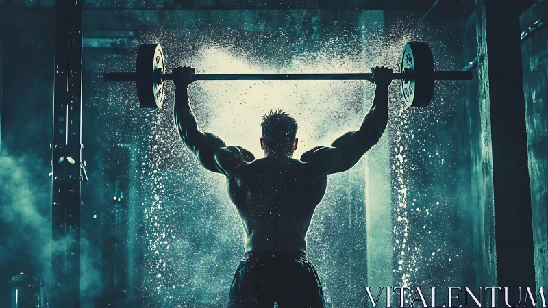 Backlit weightlifter holds loaded barbell in misty gym