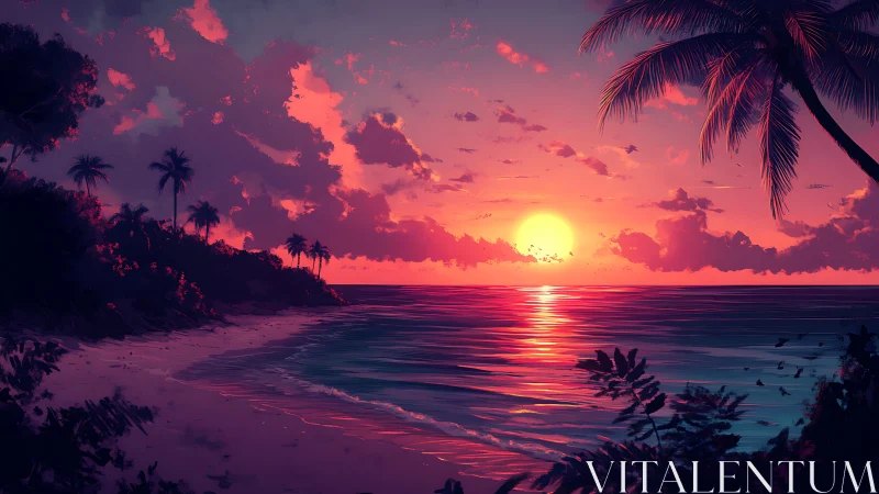 Radiant tropical sunset washes a tranquil palm-lined shore.
