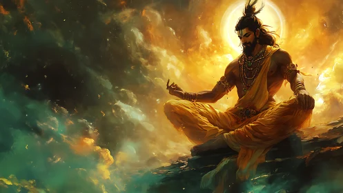 Solar sage in airborne meditation above stormlit clouds.