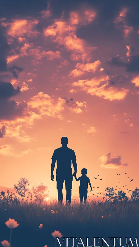 Sunset walk with dad through a quiet, glowing meadow.