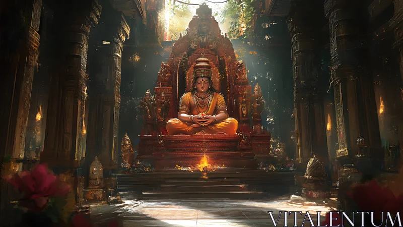 Sun-drenched temple deity in ember-gilded stillness.