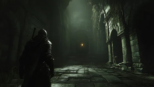 Lone armored wanderer steps into a misty, torchlit ruin