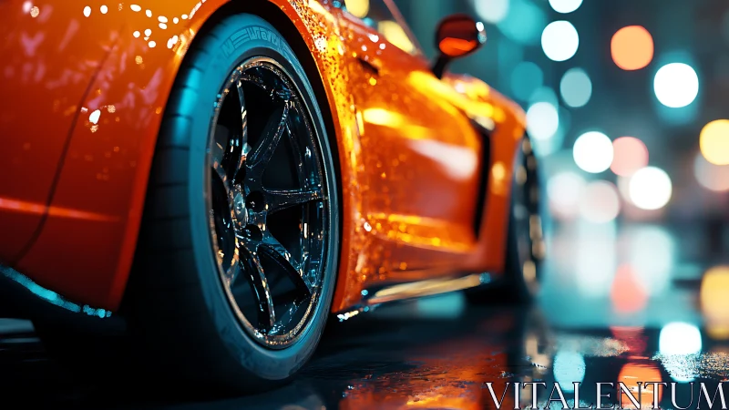 Neon rain turns an orange supercar into liquid chrome