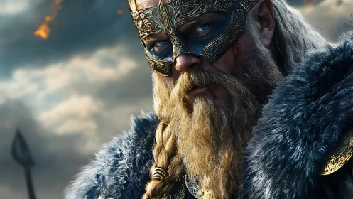 Armored bearded warrior in fur cloak under stormy sky.