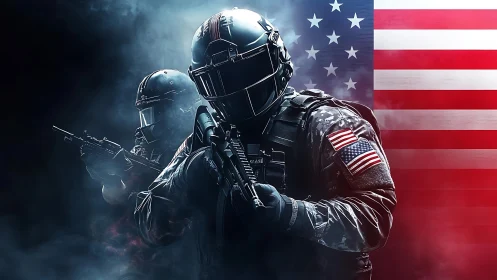 Two armored soldiers pose with rifles before US flag backdrop
