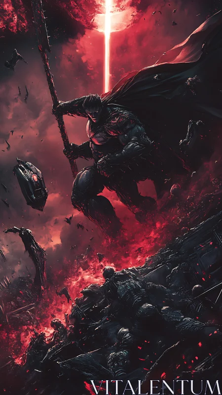 Storm-lit warrior rises over a burning crimson battlefield