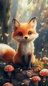 Young stylized fox among mushrooms in forest clearing.