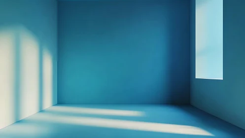 Quiet blue room washed in gentle afternoon window light.