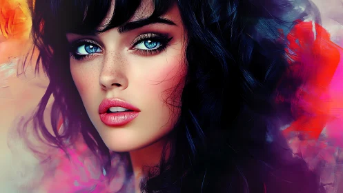 Digital portrait of woman with vivid eyes and dark hair.