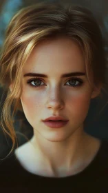 Digital portrait shows young woman with luminous hazel eyes