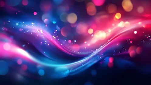 Digital painting of neon fluid light waves with bokeh orbs.