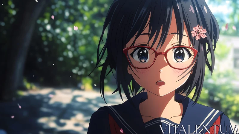 Surprised schoolgirl catches drifting petals in sunlit hush