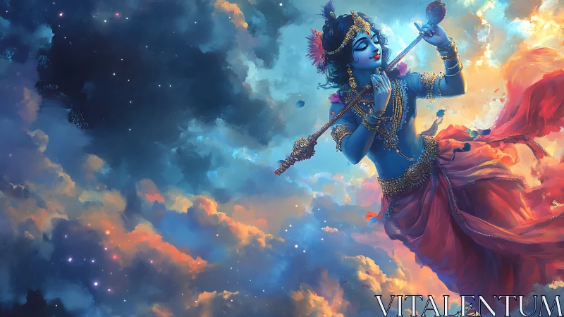 Digital painting of celestial flute player in luminous nebulae.