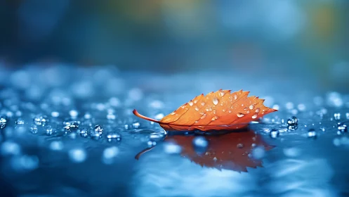 Orange leaf with water droplets floats on reflective surface