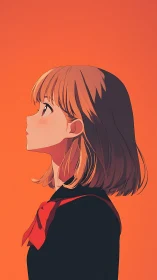 Quietly hopeful girl gazes upward in warm orange light