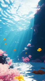 Sunlit coral canyon shows yellow fish in clear blue water