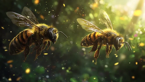 Sunlit honeybee duet hovers through glittering garden air