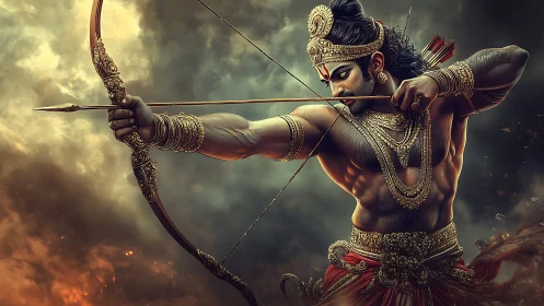 Warrior archer draws ornate bow with arrow under stormy sky